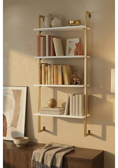 60x20 Cm, 4 Raflı Kitaplık Duvar Rafı & Mutfak, Banyo, Organizer, Gold Metal Diğer