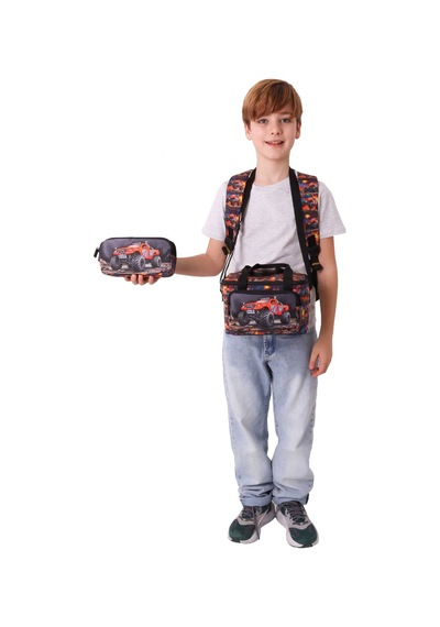 Kaukko Kids Soil Truck Siyah - Kırmızı Renk Erkek Çocuk Üçlü İlkokul Okul Çantası Seti/takımı - Setkk-l5359a