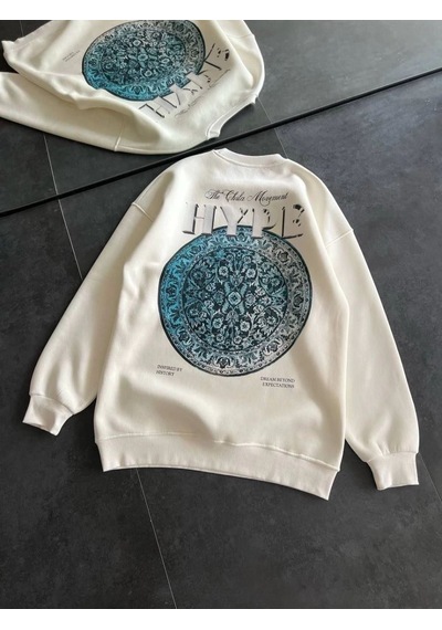 Mbb E-ticaret Kadın 3 İplik Pamuklu Bisiklet Yaka Baskılı Sweatshirt - Beyaz