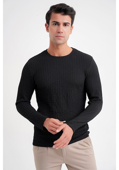 Efor Slim Fit Esnek Pamuklu Dokulu Kumaş Uzun Kollu Siyah Tişört Ts 934