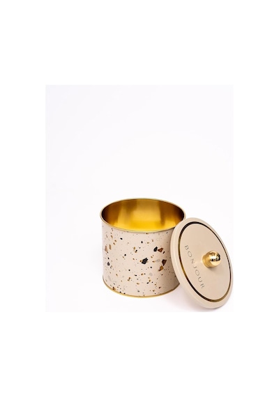 Terrazo Desenli Yuvarlak Metal Saklama Kabı, Erzak Saklama Kabı - Organizer Kutu 14 Cm X 12,5 Cm Terrazzo Cream