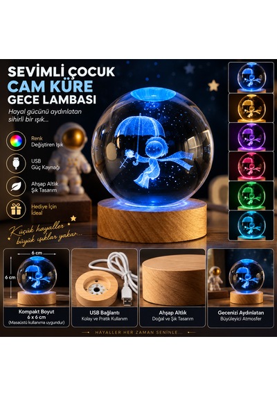 Şemsiyeli Çocuk Tasarımlı Cam Küre Gece Lambası Usb Li Ahşap Altlıklı Dekoratif Lamba 6 Cm Şeffaf
