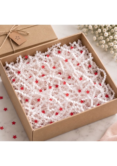 Kırpık Kağıt Z Zigzag 250 Gram Beyaz Renk Kırmızı Yıldız Desenli Hediye Kutusu İçi Dolgu Kağıdı, Hediye Paketleme Ve Dekoratif Ambalaj Süsü 61317384