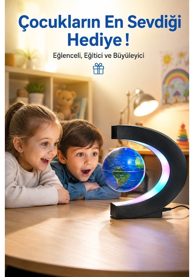 Led Işıklı Manyetik Havada Dönen Dünya Küresi Dekoratif Masa Lambası Globe Biblo 17 Cm