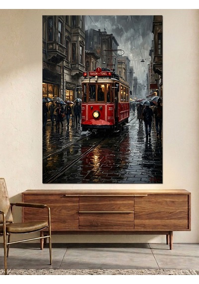 Yağmurlu İstanbul İstiklal Tramvay Sokak Dekoratif Kanvas - Mdf Ahşap Tablo Çok Renkli