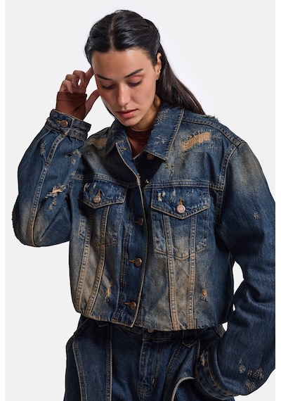 Kadın Kot Rengi 10w6-8 Kemer Boy Oversize Özel Tasarım Denim Ceket