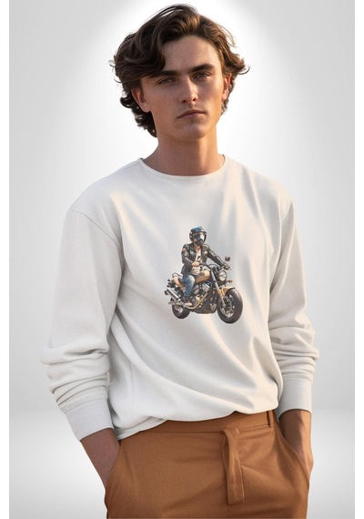 Kask Motorsiklet Dünya Turu Unisex Beyaz Baskılı Sweatshirt Beyaz