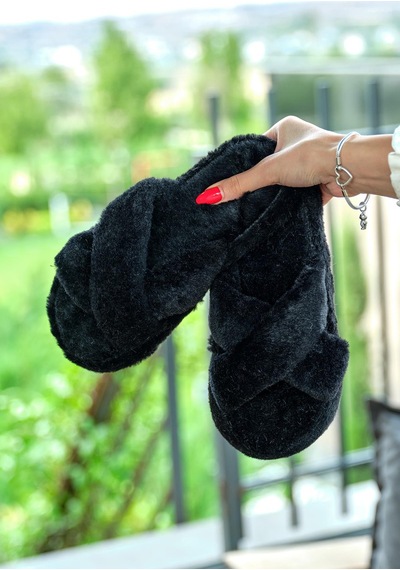 Tonny Black Çapraz Peluş Kadın Siyah Ev Terliği Tbtbr005 Siyah