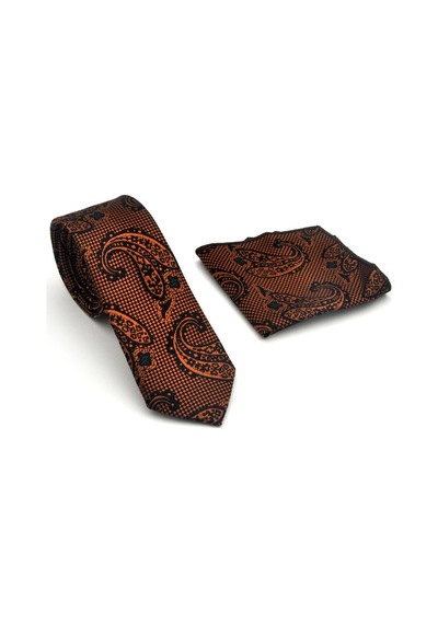 Gaffy Açık Kahverengi Şal Desenli Siyah Dokuma Kumaş Mendilli Slim Fit Kravat // Sdk-2606-1 Siyah