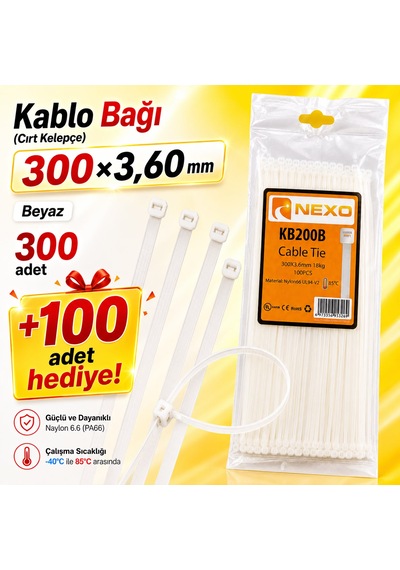 300x3,60mm Kablo Bağı Cırt Kelepçe Beyaz 300 Adet +100 Adet Hediye