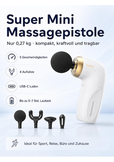 Heychy A1 Süper Mini Masaj Tabancası, 0,27 Kg, 4 Silikon Aparat, Beyaz
