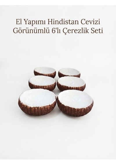 El Yapımı Hindistan Cevizi Görünümlü 6'lı Çerezlik Seti - Dekoratif Sunum Kasesi Açık Kahverengi