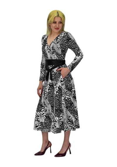 Kadın Viskon Leopar Desenli V Yaka Elbise Bgl-st03536 001