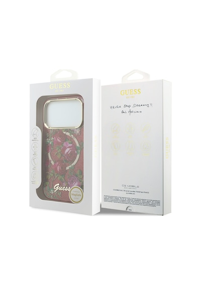 Apple iPhone Uyumlu 18 Pro Kılıf Guess Lisanslı M-safe Şarj Özellikli Gül Desenli Simli Yazı Logolu Kapak Bordo