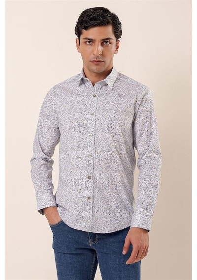 İmza Mavi Uzun Kollu Baskılı Sert Yaka Cepsiz Pamuklu Likralı Casual Slim Fit Gömlek 1004230135-mavi Mavi