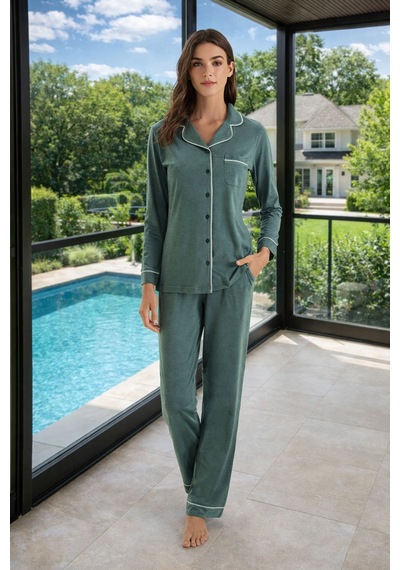 Remsa Kadın Modal Penye Uzun Kol Pijama Takımı 3307 Yeşil