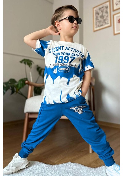 Riccotarz Erkek Çocuk New York City Ve Yazı Baskılı T-shirt Mavi Eşofman Takım
