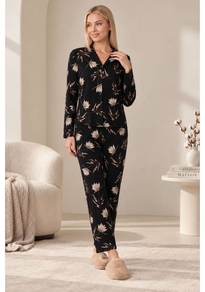 Gd Goldoremi 30185 Kadın Premium Uzun Kollu Önden Düğmeli Pijama Takım Siyah