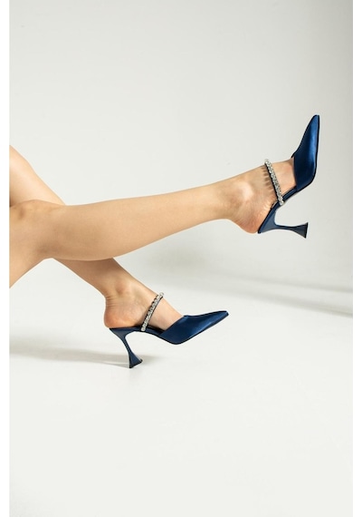 Duxal Shoes Turuncu Saten Taş Detaylı Topuklu Ayakkabı Lacivert