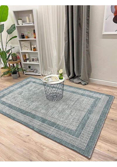 Moretti Nordi Çerçeve Desenli Yıkanabilir Salon Mutfak Yolluk Mavi Dokuma Modern Halı