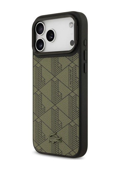 Apple Uyumlu iPhone 17 Pro Max Kılıf Lacoste Lisanslı M-safe Şarjlı Standlı Pu Deri Monogram Desenli Yeşil