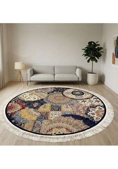 Mozaik Desenli 200 X 200 Yuvarlak İpek Halı Lacivert
