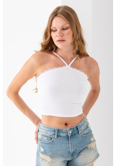 Giysa Kadın Çapraz Askılı Dantel Detaylı Crop Body Beyaz - Ms0000309 Beyaz