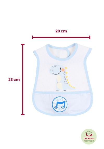 Düdüklü Cepli Sıvama Mama Önlüğü - Smiling Dino Mavi Bebek Önlüğü Açık Mavi