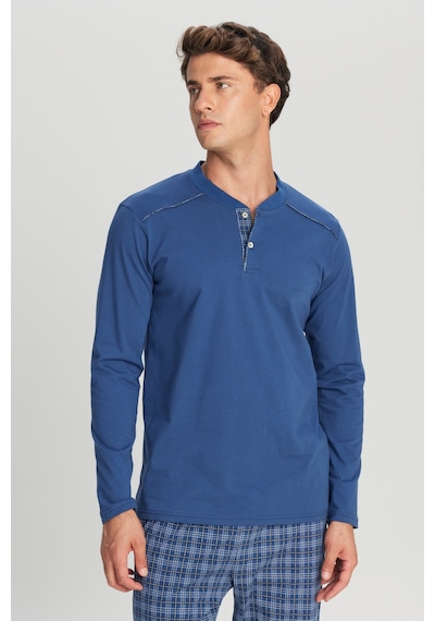 AC&Co / Altınyıldız Classics Erkek Indıgo %100 Pamuk Standart Fit Hakim Yaka Desenli Cepli Pijama Takımı İndigo