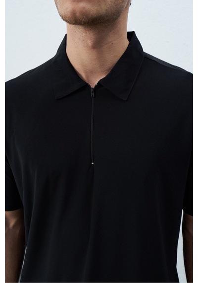 Baselco Polo Yakalı Fermuarlı Fresh Vizkon T-shirt - Tiril Tiril Esnek Siyah