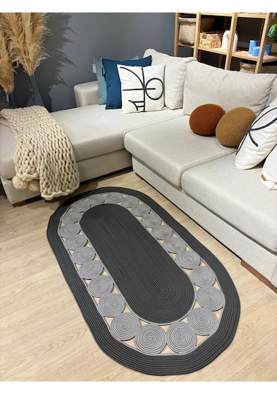 Mavaux Cookie Jüt Hasırlı El Örgüsü Kilim Antrasit - Gri