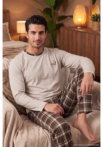 Buratti Pamuklu Regular Fit Bisiklet Yaka Ekoseli Pijama Takımı Erkek Pijama Takımı 6574001 Bej