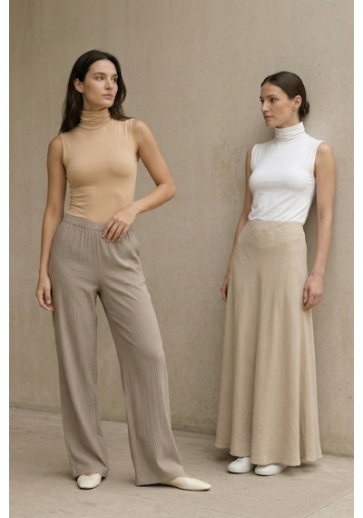 Ivoire Wear Kadın 2'li Balıkçı Yaka Sıfır Kol Viskon Body Set Ekru Bej
