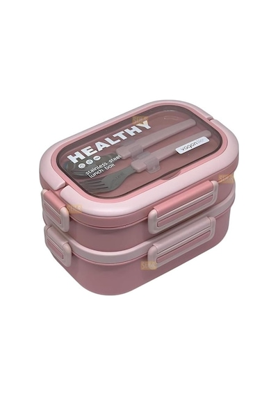 Vagonlife Bento 1650ml Paslanmaz Çelik 2 Katlı 3 Bölmeli Çatal Ve Kaşıklı Yemek Kutusu Pembe Beyaz