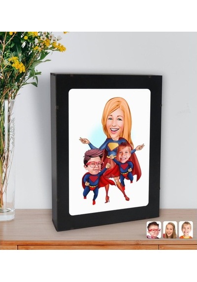 Kişiye Özel Süper Anne Süper Çocuklar Karikatürlü Led Işıklı Ahşa