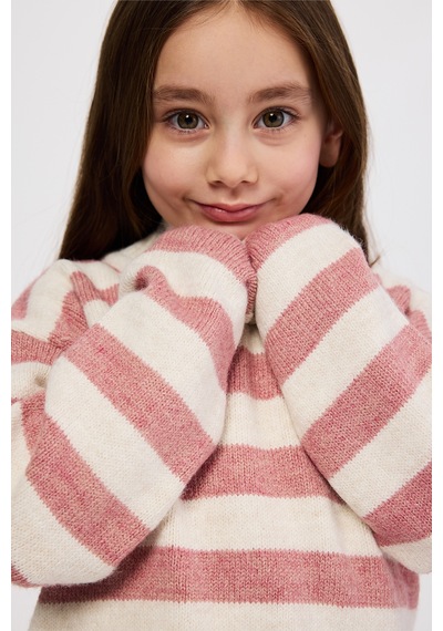 Panço Kız Çocuk Çizgili Triko Pembe Kazak