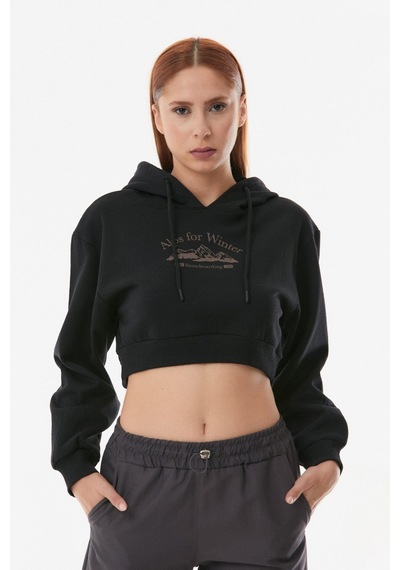 Fullamoda Baskılı Kapüşonlu Crop Sweatshirt- Siyah 24KGB890195453-Siyah