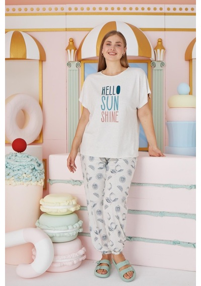 Sevim Kadın Büyük Beden Kısa Kol Bej Melanj Pijama Takım C4t7n651 001