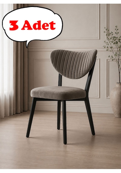 Teknor 3 Adet Elma Sandalye Modern Kadife Kapitone Sırtlı Mutfak Yemek Odası Balkon Kafe Sandalyesi 85 Cm Kahverengi