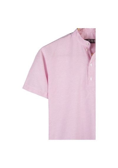 Erkek Pembe Hakim Yaka Yarım Patlı Dik Çizgili Kısa Kollu Slim Fit Gömlek Pembe