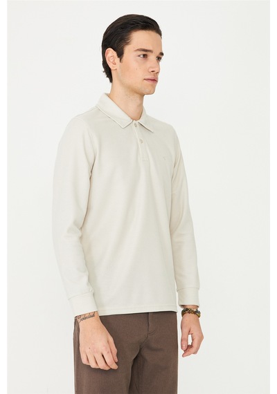 White Stone Bej Mikro Dokulu Uzun Kollu Polo Yaka Üst Bej