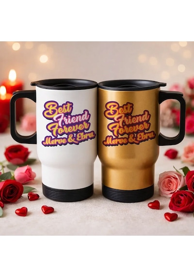 Bk Gift Kişiye Özel Best Friend Tasarımlı 2li Kulplu Beyaz&gold Çelik Termos Mug 450 Ml -2 Arkadaşa Hediye En İyi Arkadaş Termos Seti Kobitmeyencom362