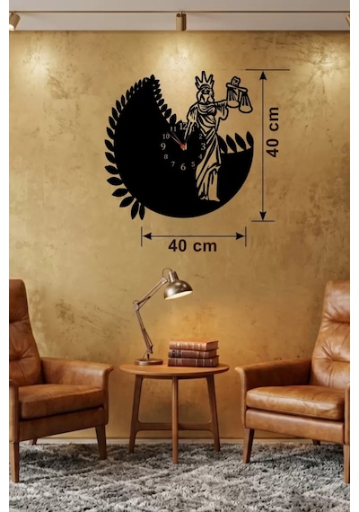 Mey İthalat Adalet Tanrıçası Themis Tasarım Ahşap Duvar Saati - 40x40 Cm Avukat Hediyesi Çok Renkli