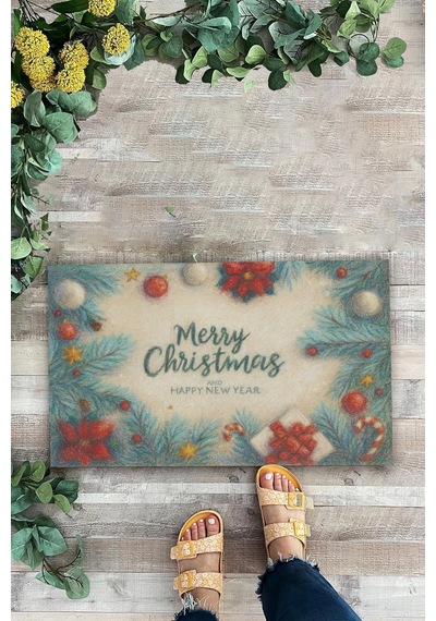 Valerine Life Tebeşir Çizimi Yılbaşı Noel Çam Ağaçlı Welcome Hoş Geldiniz Kapı Önü Paspası 45x70cm Kahverengi