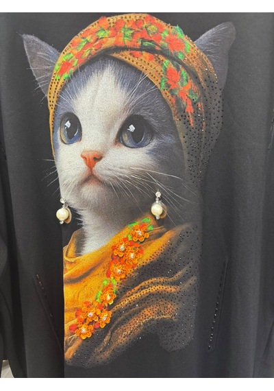 Darkwin Büyük Beden Kedi Baskılı Taş Ve İnci Detaylı Bisiklet Yaka Kapri Kol Kadın Bluz Siyah
