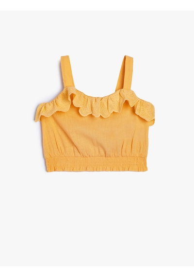 Koton Crop Bluz Askılı Beli Lastikli Fırfır Detaylı Pamuklu Turuncu 4smg60065aw Turuncu