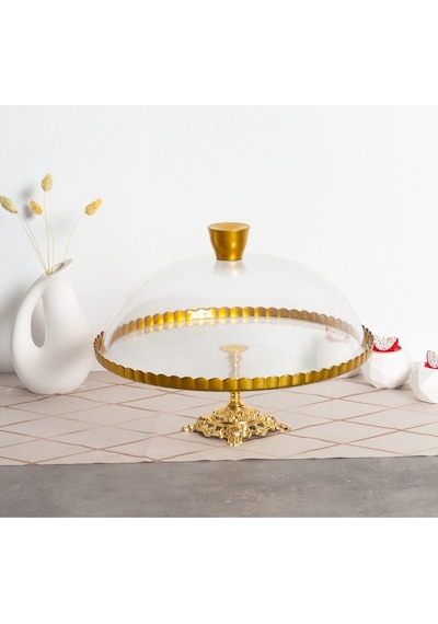 Elta Collection Paşabahçe Lüx Metal Ayaklı Yaldızlı Kek Fanus Pasta Sunumluk Altın