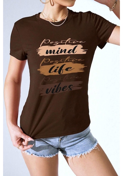 Uyguntarz Unisex Mind Life Vibes Baskılı Oversize Tshirt Kahverengi