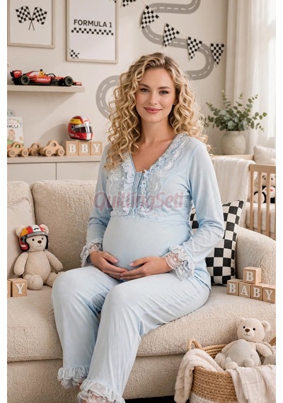 Lady Bebe Mavi Renkli, Dantel Detaylı, 33208 Uzun Kol, 2 Parça Lohusa Hamile Pijama Takımı Açık Mavi
