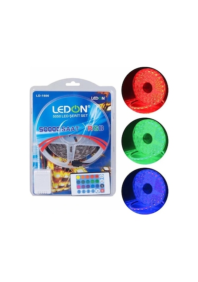 Ledon Ld-1606 Su Geçirmez 5 Metre Rgb Şerit Led Animasyon Devreli Adaptörlü Set 5050 3 Çipli Silikon